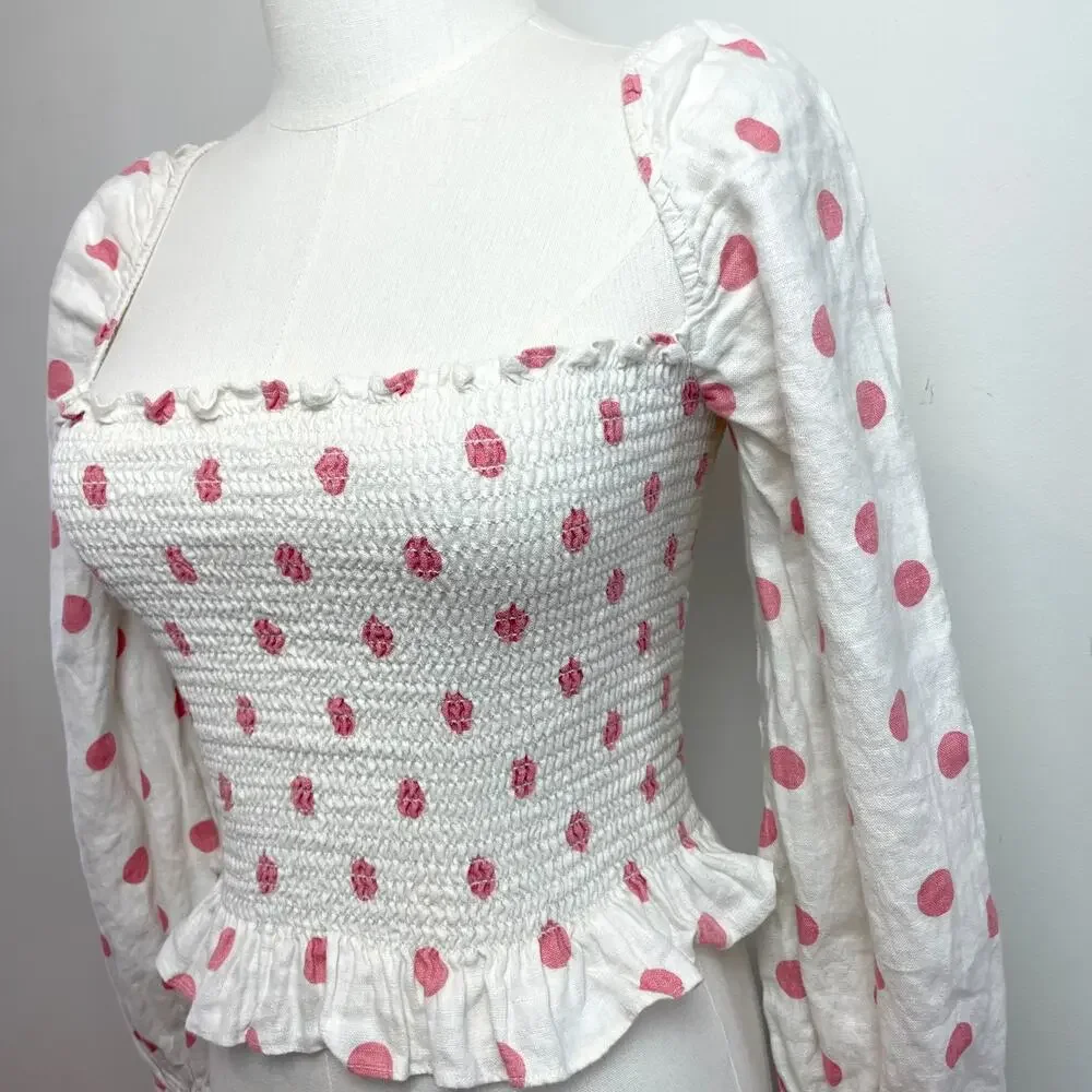 Reformation Polka‎ Dot Puff Sleeve Linen Top Small Smocked Feminine Coquette
